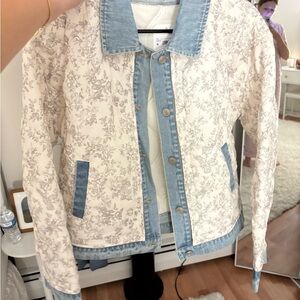 Altar'd State Cream Floral Jacket with Light Blue Denim Trim